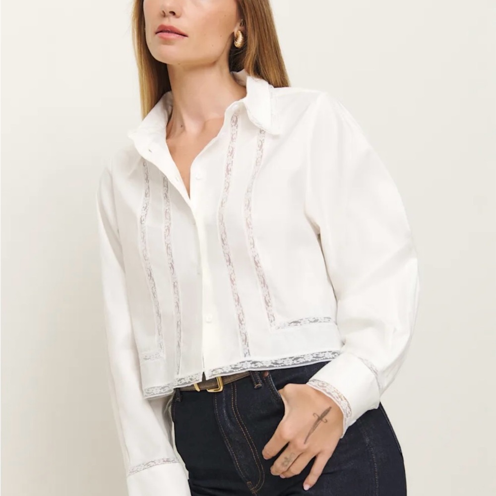 Reformation- Lace-Trimmed button down blouse shirt